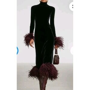 Modesees Velvet Faux Ostrich Feather Cuffs & Hem Maxi Dress NWT